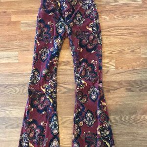 Free People corduroy plum paisley pull on flare jeans 25 waist 34 inseam